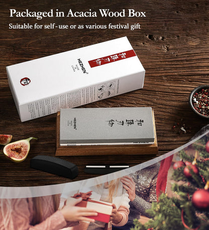HEZHEN Extra Large Double-sided White Corundum Whetstone Knife Sharpening Stone Grit 1000/5000 Waterstone- 7.9x3.1x1.2 inch Knife Sharpener- Non-slip Acacia Wood Base & Flattening stone & Angle Guide