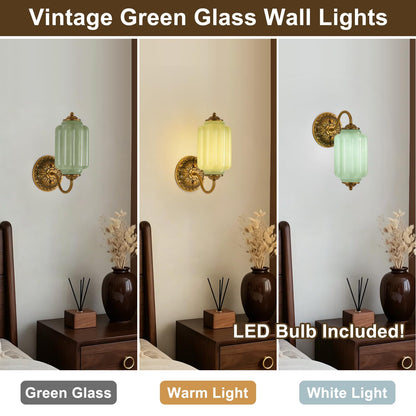 Pandaluna Vintage Wall Sconce, Green Milk Glass Light Fixture, 5.5In Art Deco Antique Wall Sconce for Bedroom Bathroom Living Room Hallway Entryway, E12 LED Bulb Included, Retro Gold & Green 2 Pack