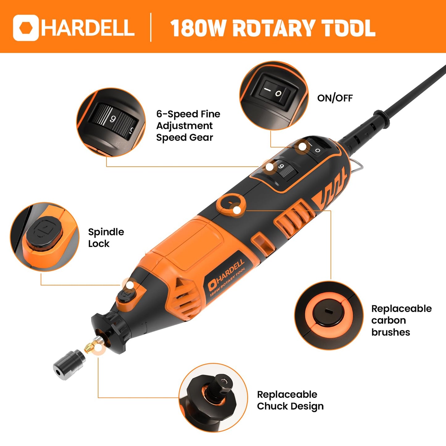 HARDELL 180W Corded Rotary Tool Kit 6 Variable Speeds with Flex Shaft, Chainsaw Sharpener, 8000-35000RPM 153pcs Accessories Kit for Sanding, Polishing, Cutting, Engraving,Carving, DIY Crafts
