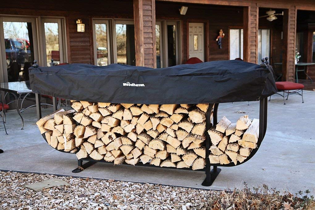 Woodhaven 9ft Courtyard Firewood Rack - Luxury Outdoor Log Holder With Cover - Made In USA - Black UV Stable Powder Coat Finish