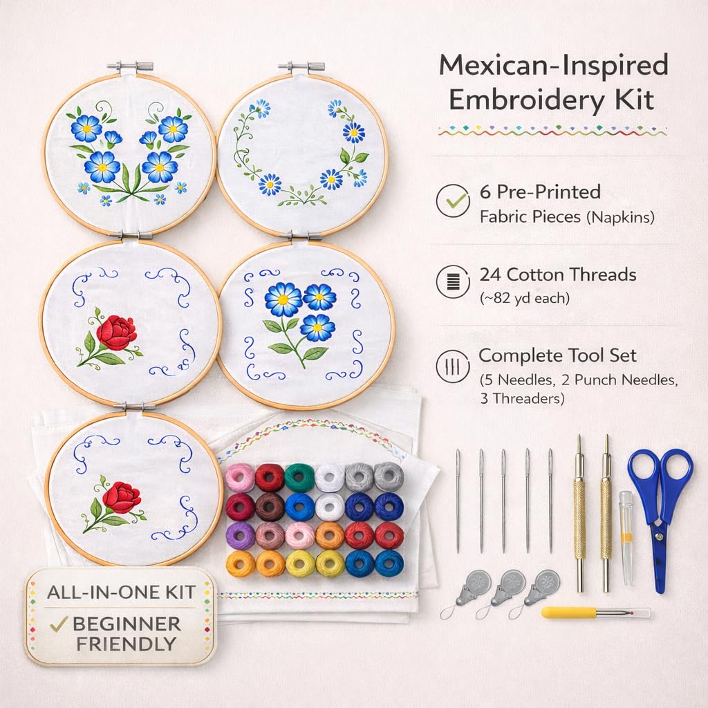 Beginner Embroidery Kit for Adults - Mexican Floral DIY Embroidery Starter Kit with Cotton Napkins, Bamboo Hoop, Threads, Needles & Tools - 43-Piece Embroidery Set (Random Designs, Intermediate)