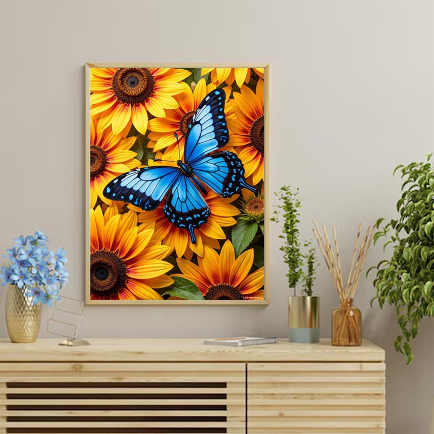 PUAGEMTI Blue Butterfly Sunflower Blooms Diamond Art Kits for Adults, 5D DIY Full Drill Diamond Painting Kits for Adults Beginners, Diamond Painting Kit for Wall Home Decor (No Frame) 12x16 Inch