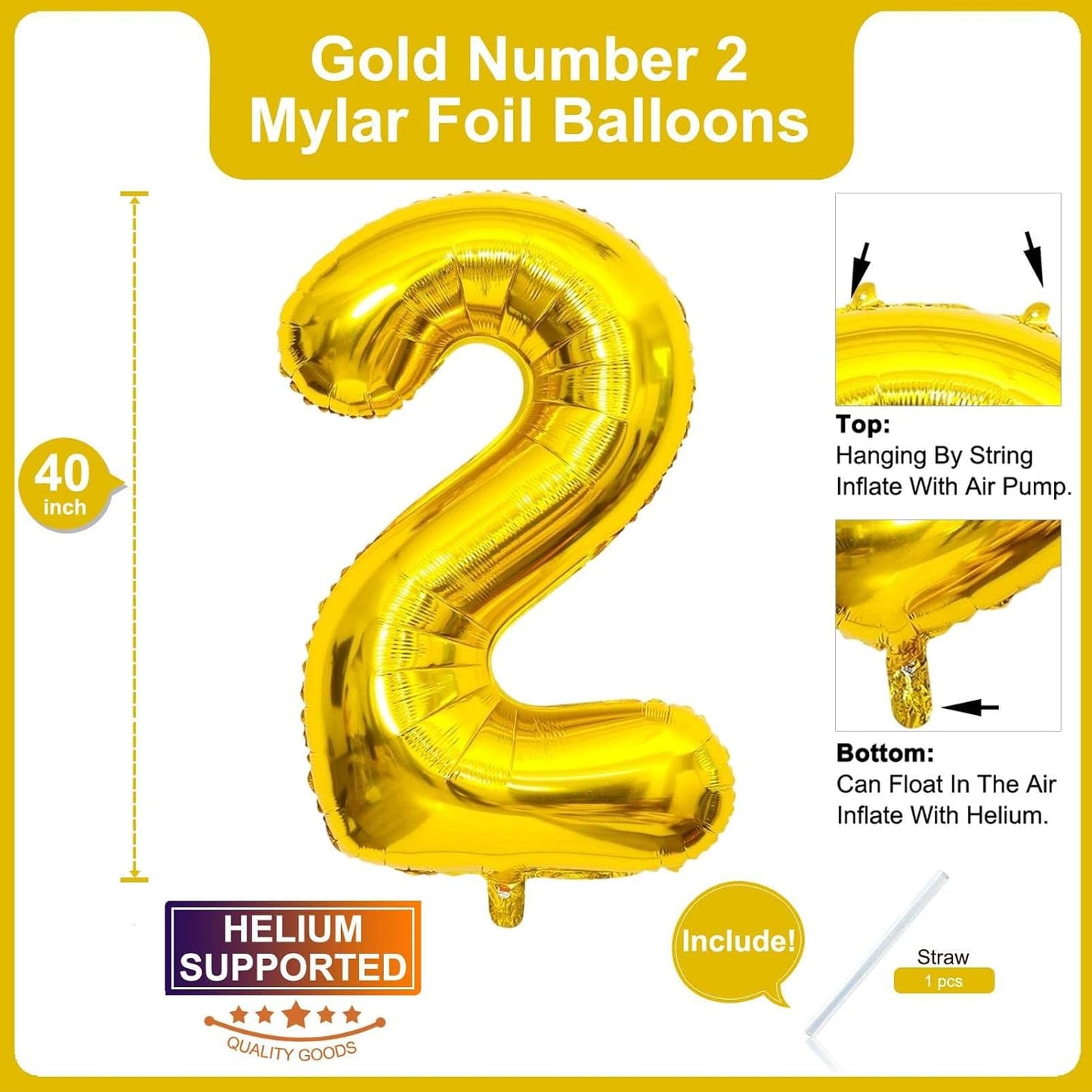 Lovoir 40 Inch Large Gold Number 2 Balloon: Jumbo Size Mylar Foil Helium Balloons for Birthday Party Decorations