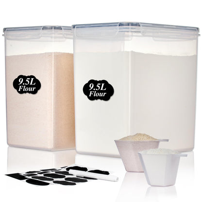 Vtopmart 9.5L 2 Pack Extra Large Flour Sugar Storage Containers, Each for 12.5 lbs flour, Airtight Kitchen Pantry Organization Canisters with Lids for Bulk food, Rice, Baking Supplies, BPA Free, Black