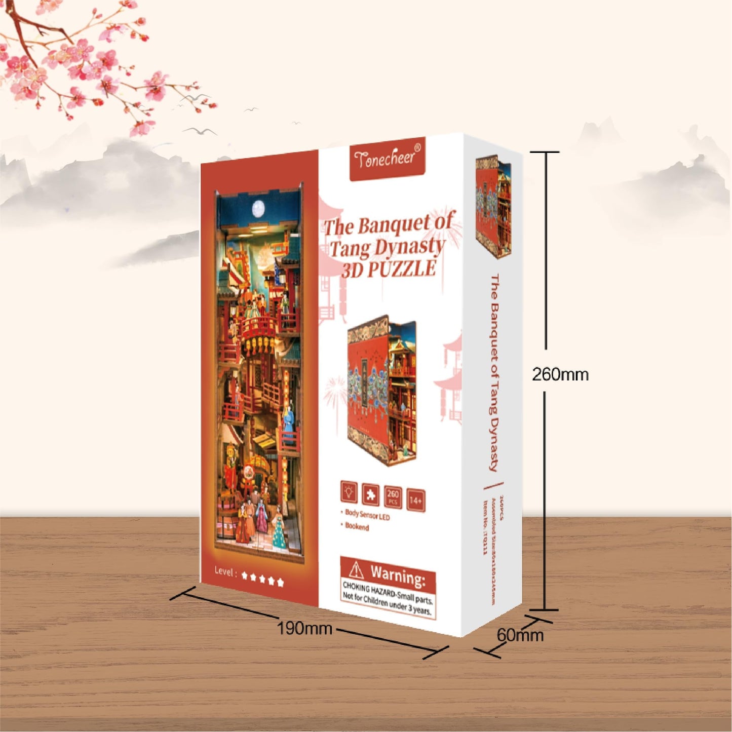 Tonecheer DIY Book Nook Kit for Adults, 3D Wooden Puzzle Bookend Bookshelf Insert Decor, Chinese Booknook Miniature House Kit with Body Motion Sensor LED Light (The Banquet of Tang Dynasty)