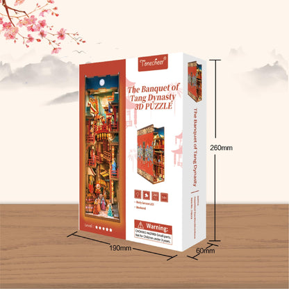 Tonecheer DIY Book Nook Kit for Adults, 3D Wooden Puzzle Bookend Bookshelf Insert Decor, Chinese Booknook Miniature House Kit with Body Motion Sensor LED Light (The Banquet of Tang Dynasty)