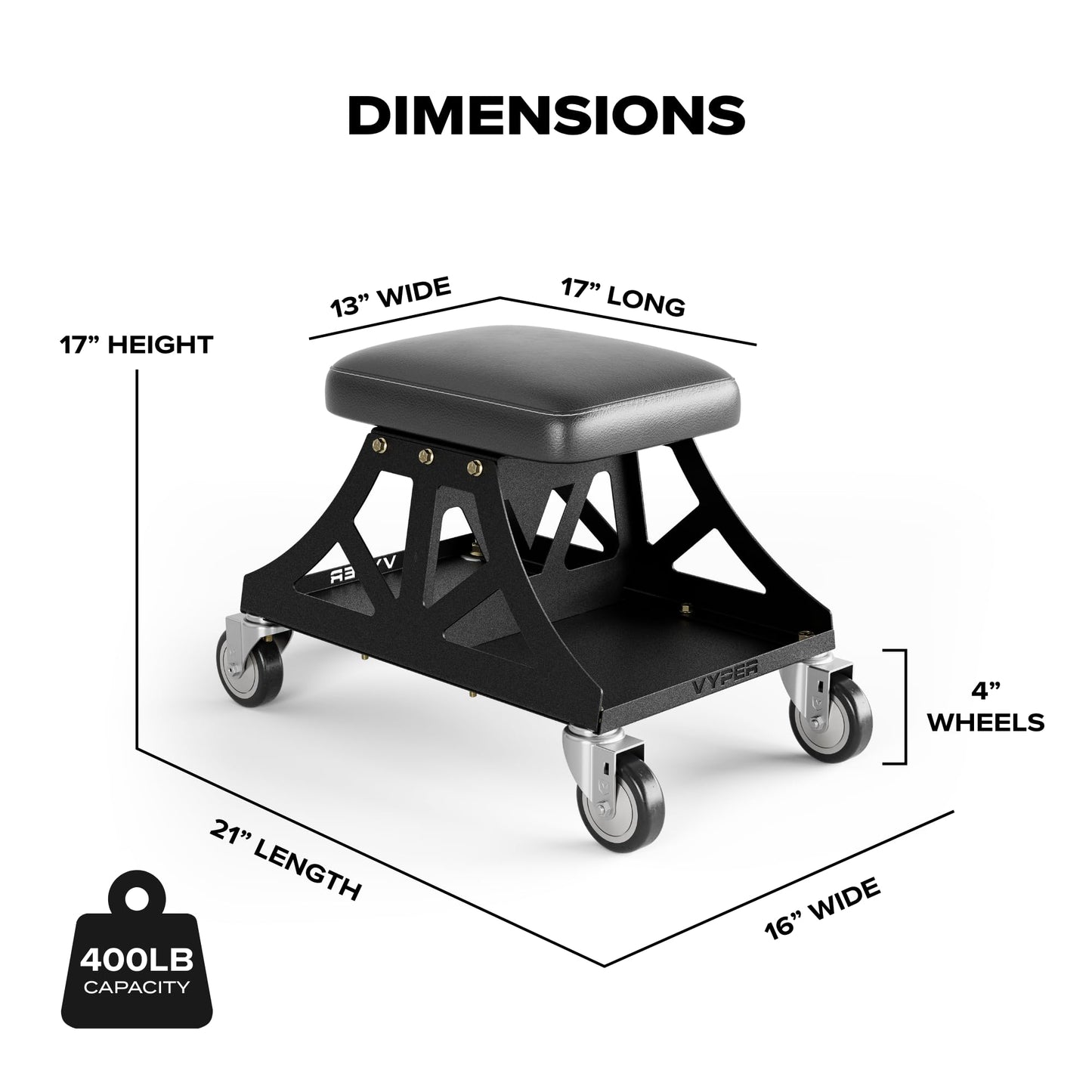 Vyper Low Pro Garage Stool with Removable Seat for Mechanics, Automotive, DIY - 400 lb Capacity Rolling Shop Chair (Black Seat, Red Frame)