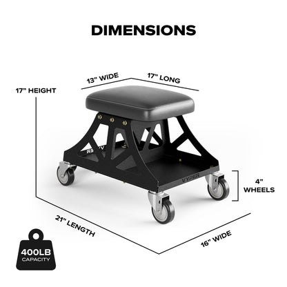 Vyper Low Pro Garage Stool with Removable Seat for Mechanics, Automotive, DIY - 400 lb Capacity Rolling Shop Chair (Black Seat, Red Frame)
