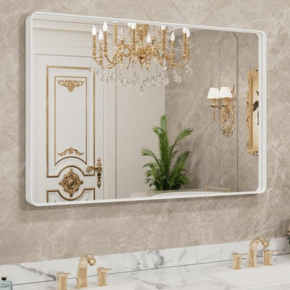 LOAAO Bathroom Mirror - 48x32 Inch White Metal Framed Vanity Mirror | Large Rounded Rectangle, Anti-Rust Tempered Glass, Versatile Hanging Options