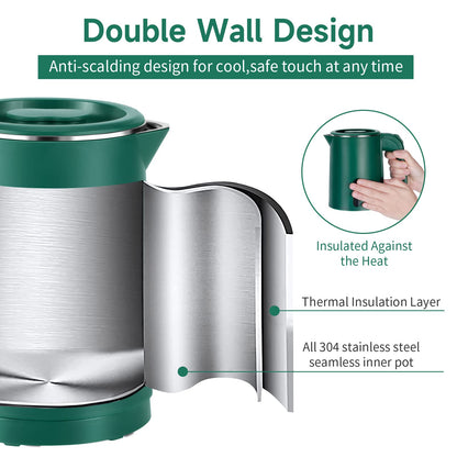 Small Electric Tea Kettle Stainless Steel, 0.8L Portable Mini Hot Water Boiler Heater, Travel Electric Coffee Kettle with Auto Shut-Off & Boil Dry Protection (Green)