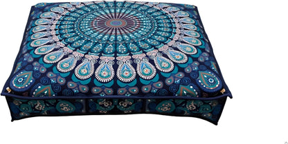 24" 24" INDIAN CRAFT CASTLE Blue Peacock Mandala Barmeri Large Floor Pillow Cover Cushion Meditation Seating Ottoman