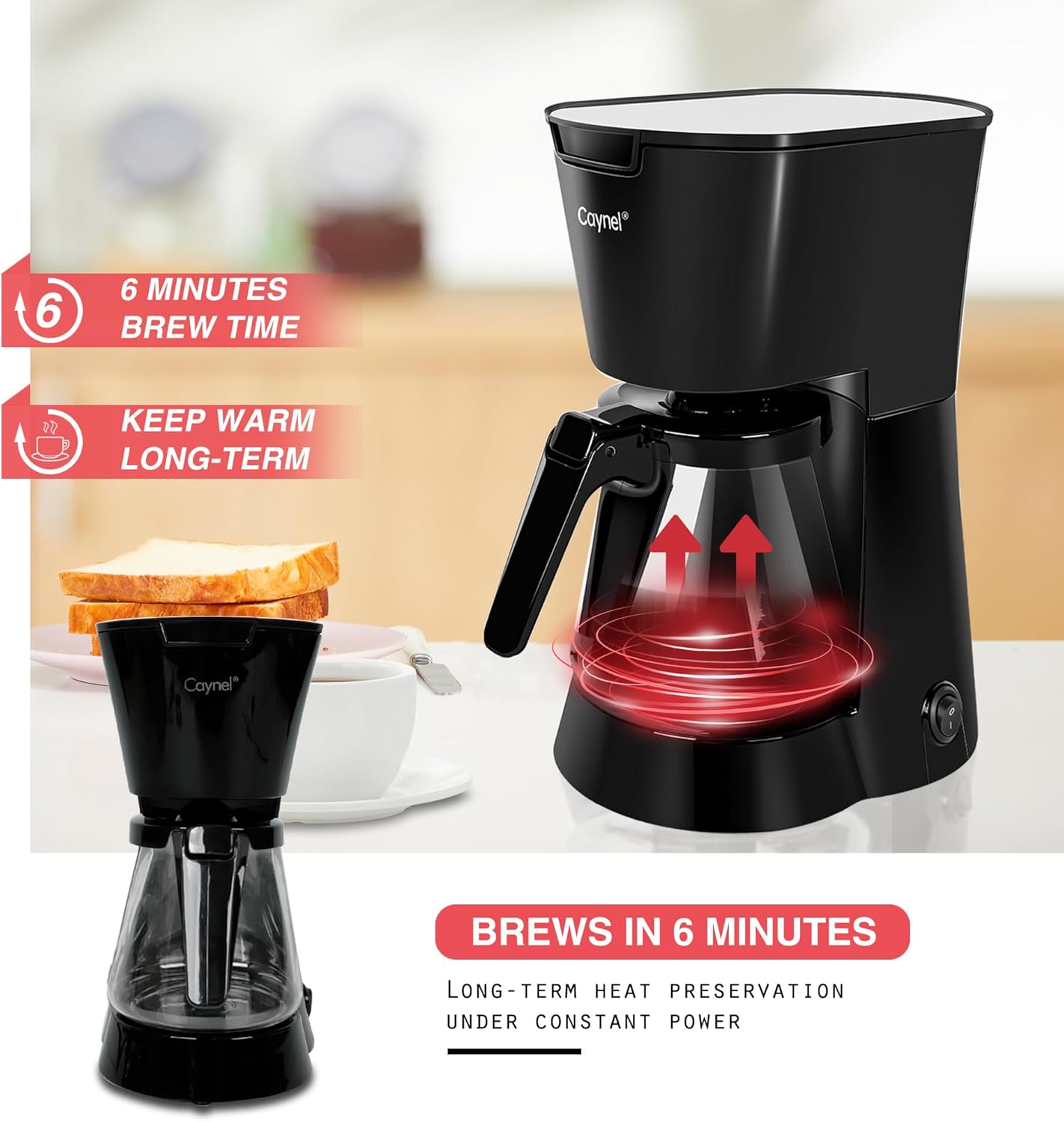 CAYNEL Drip Coffee Machine, 750ML Removable Water Reservoir, 5 Cups, Black