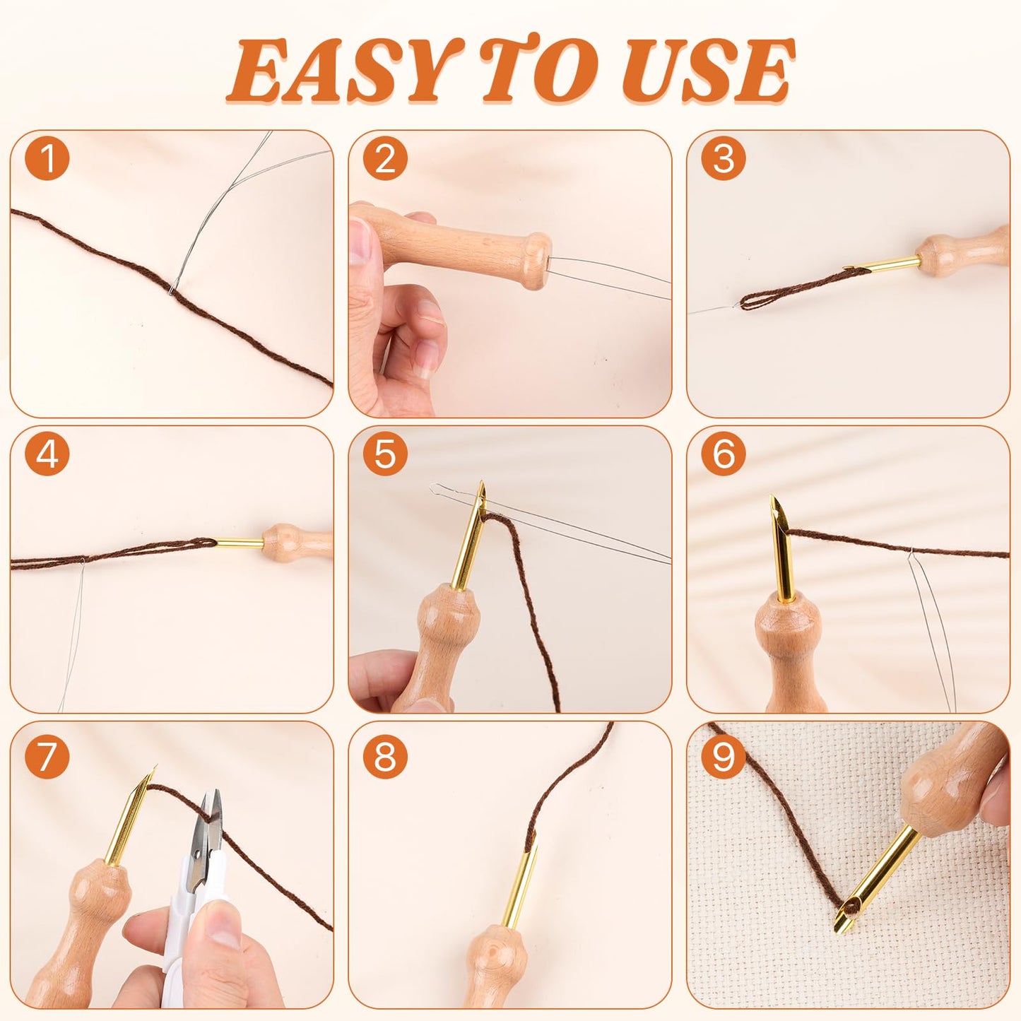 Aemygo 9 Pcs Punch Needle Fabric Kit Include Pre-Cut Monks Cloth, Embroidery Pen with Wooden Handle, Scissors and a Marking Pen, Tufting Cloth with Edging for 7.8" Embroidery Hoop