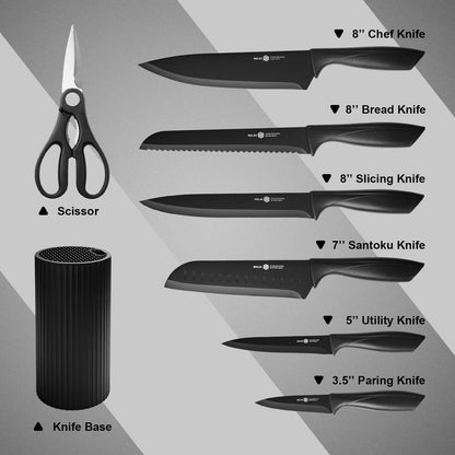 NULAS Knife Set, 8-Piece Kitchen Knife Set with Universal Block - Anti-Rust Chef Knives, Ergonomic Design, Dishwasher Safe (Black)