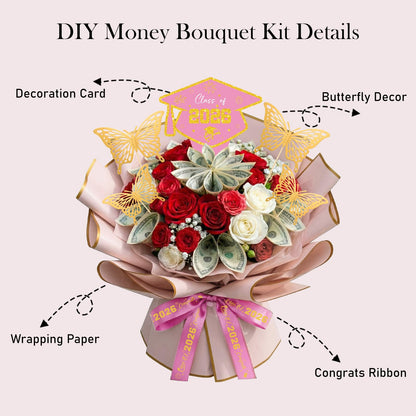 Silkovahamd Money Bouquet Kit Graduation 2026 - Graduation Gift Ideas Flower Gifts for Women, DIY Money Bouquet Wrapping Paper Ribbon, College High School Regalos de Graduación 2026