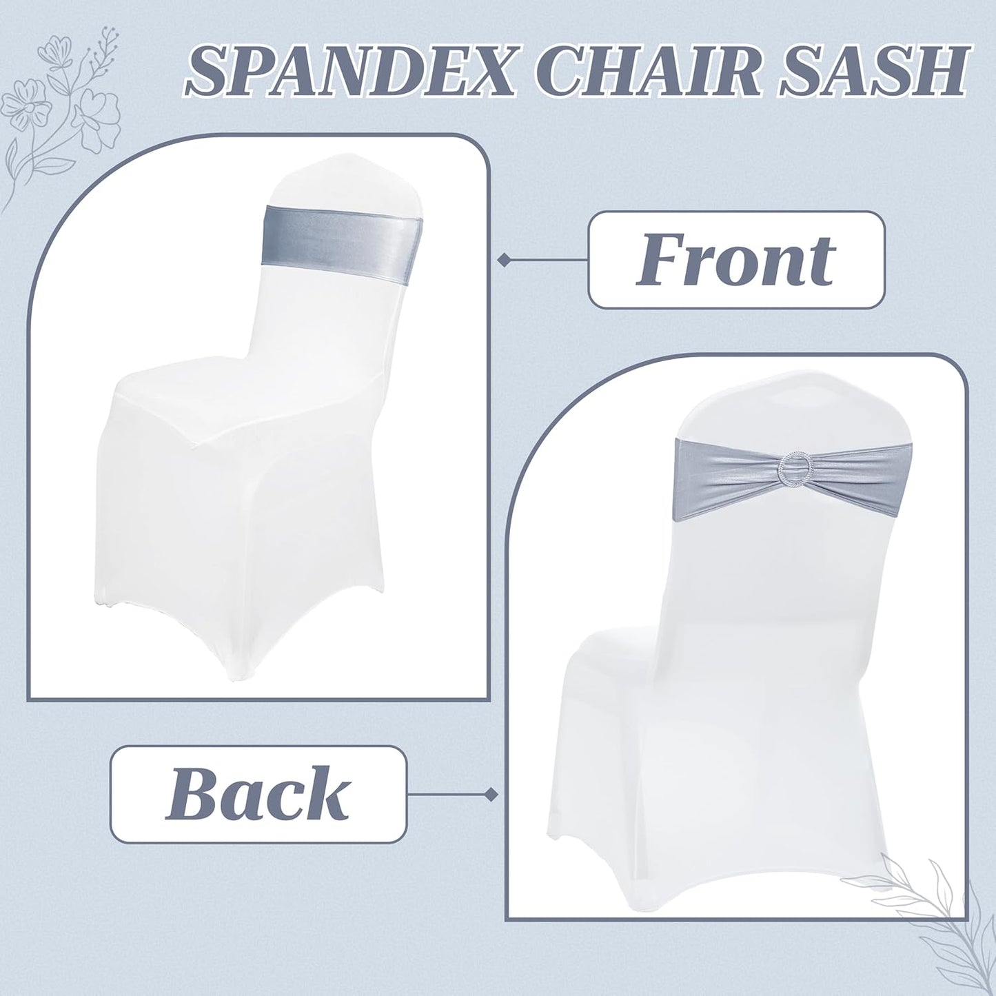 MDS Spandex Foil Chair Sashes - Universal Fit Elastic Stretch Bands with Buckle for Weddings | Metallic Silver (Pack of 10)