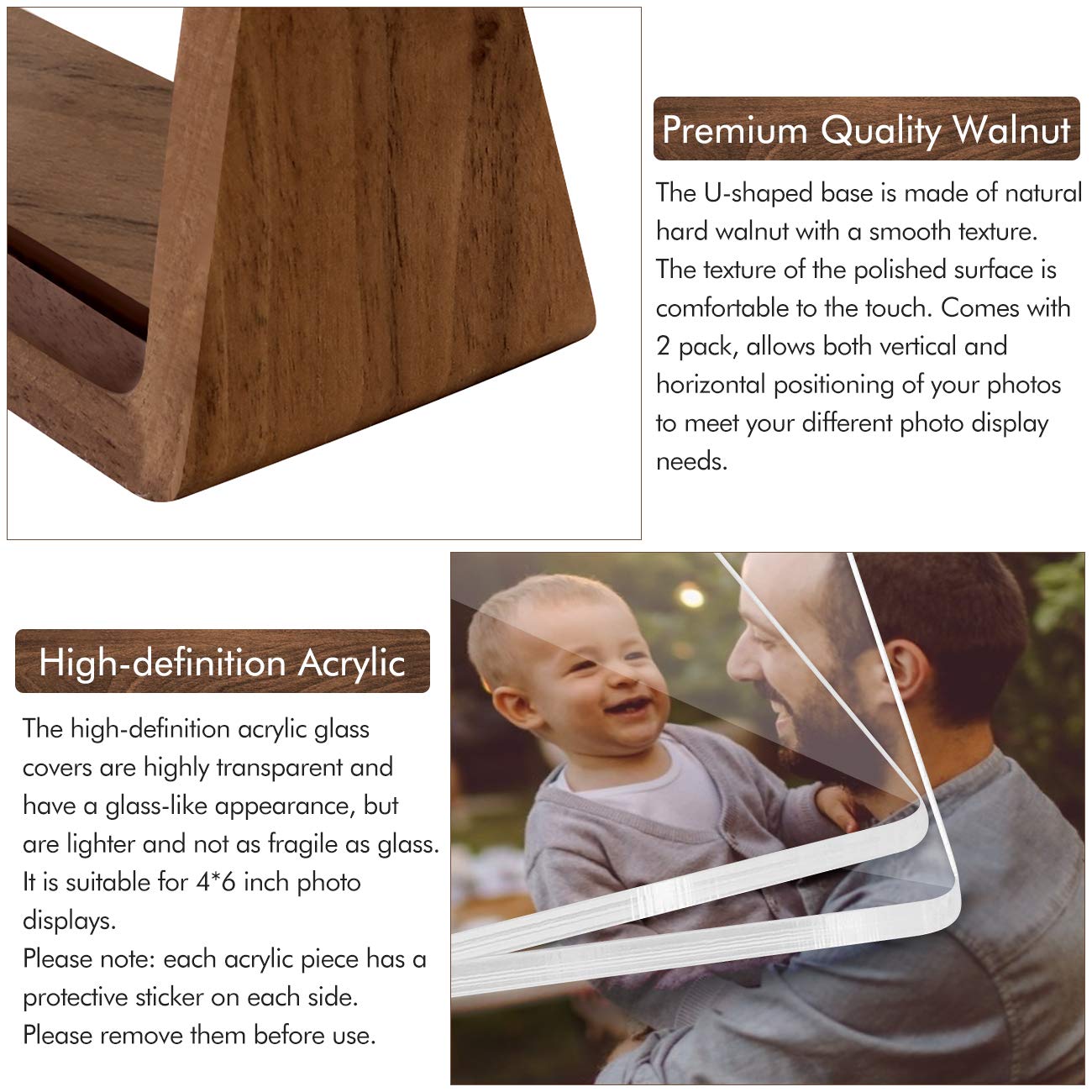 Mixoo 4x6 Picture Frame 2 Pack - Rustic Wooden Picture Frames with Walnut Wood Base and High Definition Break Free Acrylic Photo Covers for Desk Tabletop Display Teacher Appreciation Gifts (Horizontal + Vertical)