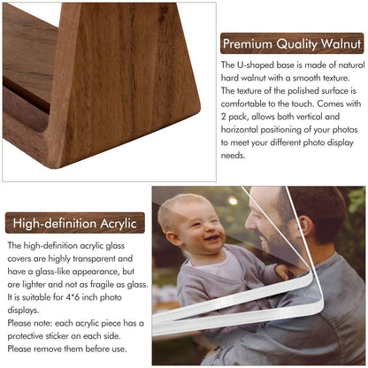 Mixoo 4x6 Picture Frame 2 Pack - Rustic Wooden Picture Frames with Walnut Wood Base and High Definition Break Free Acrylic Photo Covers for Desk Tabletop Display Teacher Appreciation Gifts (Horizontal + Vertical)