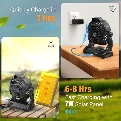 JINLICTE 10400mAh Solar Fan with LED Lantern, Camping Fan with Solar Panel, 7W Rechargeable Solar Powered for Outside, Quiet Battery Operated Tent for Picnic, Barbecue, Fishing, Travel