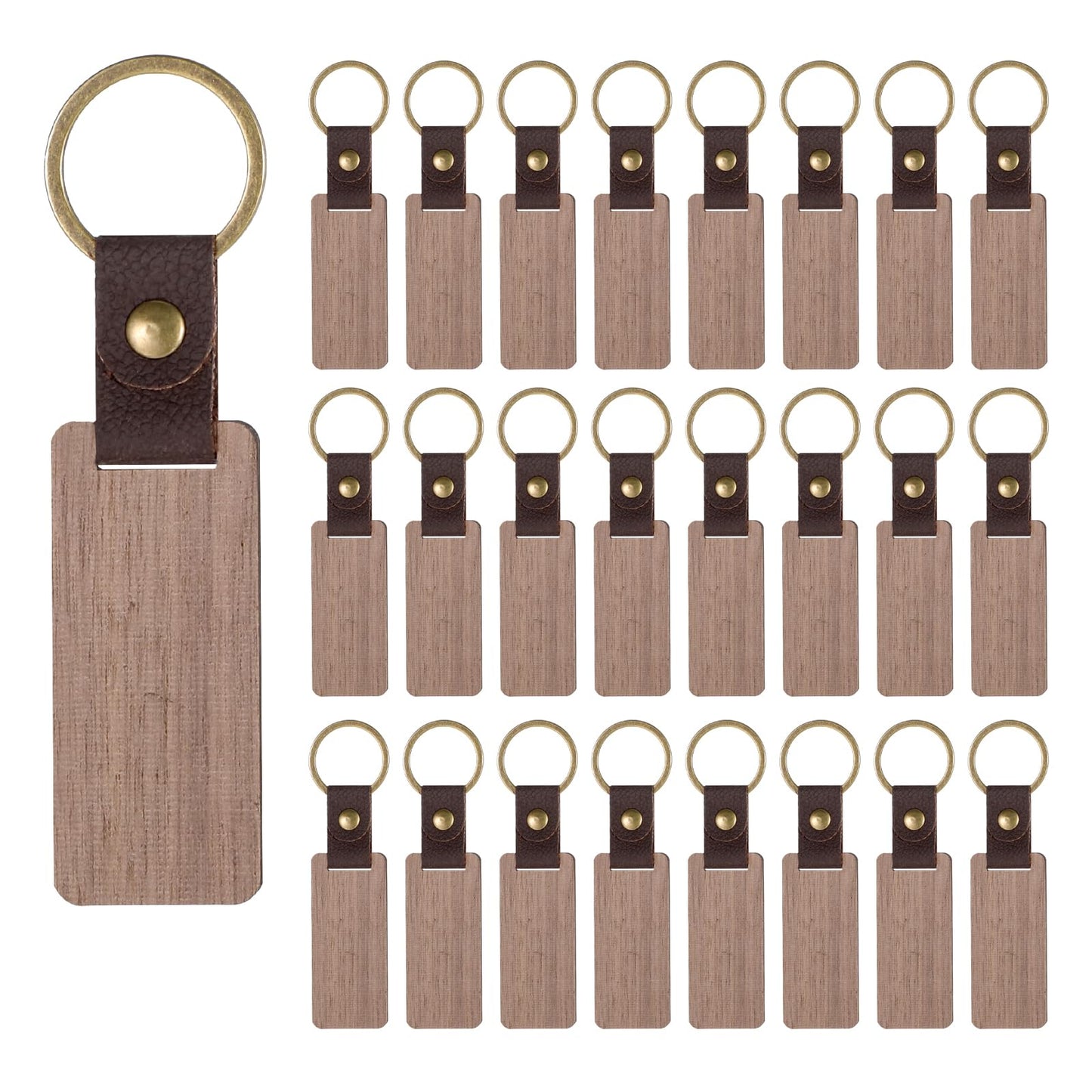 cobee 25 Pcs Leather Wood Keychain Blanks, Unfinished Wooden Keychain Blank with PU Leather Strap Laser Engraving DIY Craft Keychain Tag Gift for Him Her Employee Coworker Birthday Party New Year