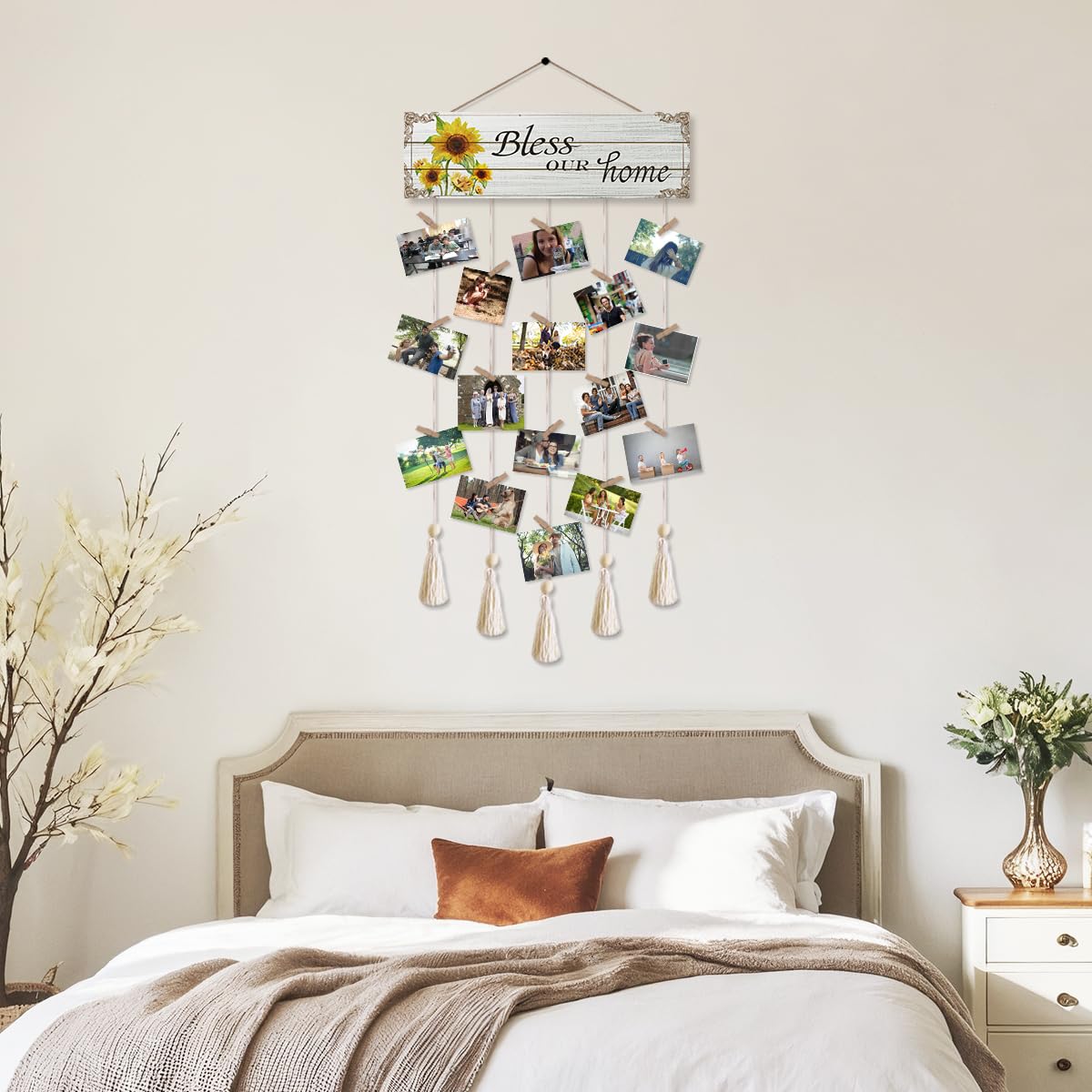 Gwisml Home Collage Picture Frames,Clip Photo Holders for Wall,Wooden Hanging Photo Display with 16 Clips 5 Strings,Bless Our Home Sign Wall Decor