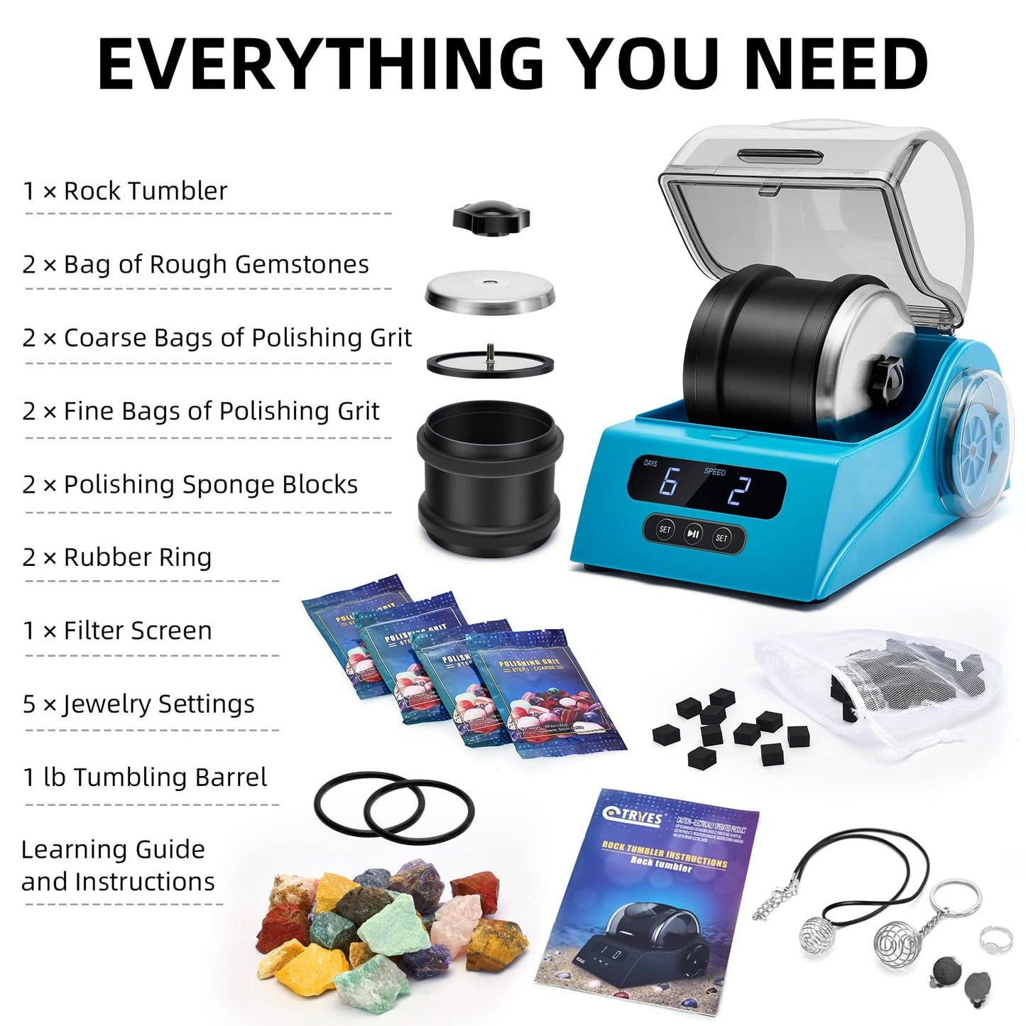 Tryes Rock Tumbler Kit Adults - Rock Polisher Tumbler with Noise Reduction Cover, Speed&Timer Control, Includes 4 Polishing Grits, Rough Gemstones, Learning Guide etc.(Blue)