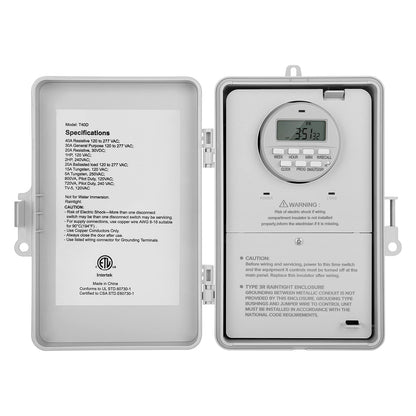 SURAIELEC Pool Timer, 7-Day Programmable Digital Box Timer Switch, 40 AMP, 2HP, 120, 240, 277 VAC, Outdoor Indoor Heavy Duty Controller Box for Pool Pump, Water Heater, Lights, Powerful Appliances