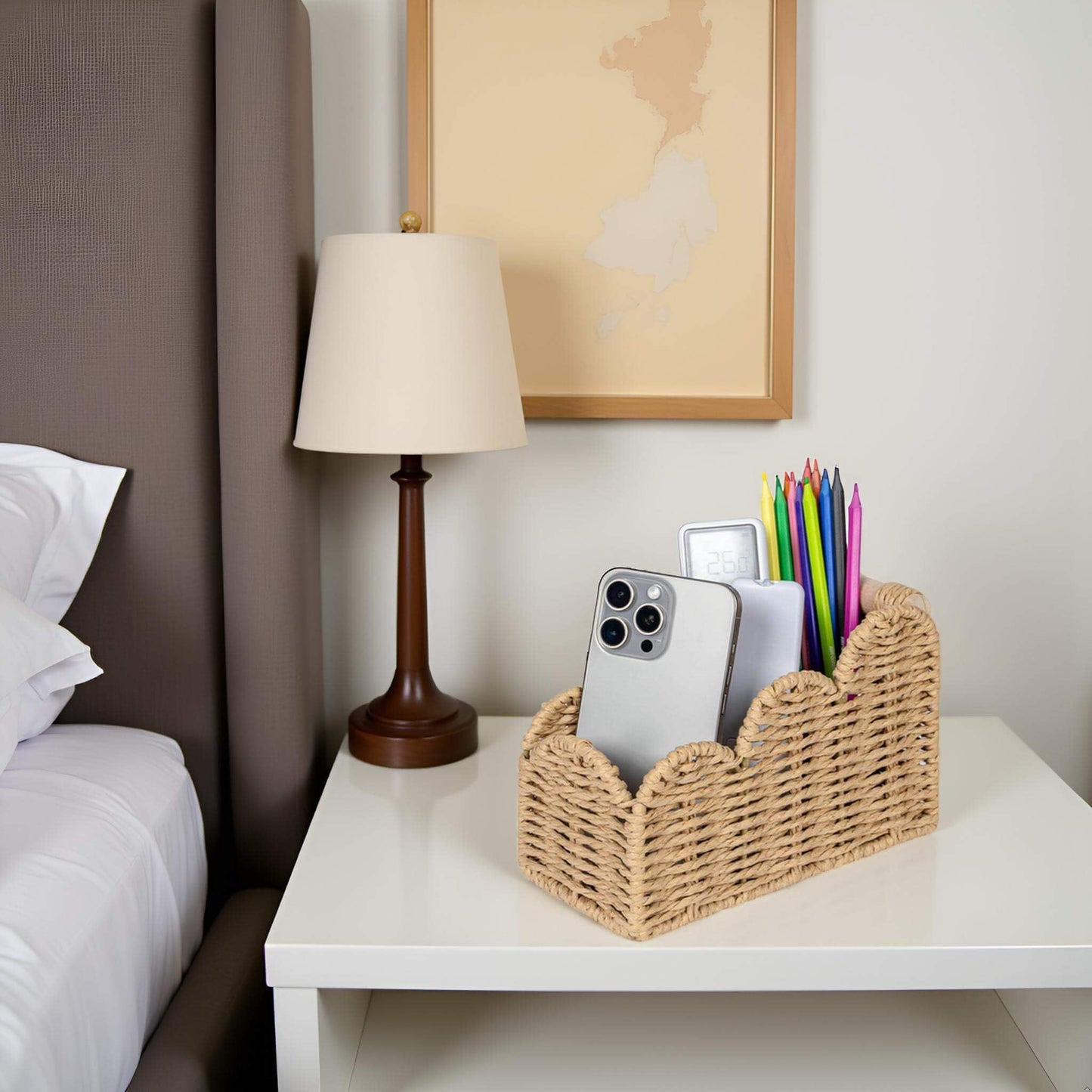 CubesLand Bedside Table Desk Organizer Caddy, Remote Pen&Pencil Holder Cup, Makeup Brush Holder w/Scalloped Perfect for Home, Office Desk, Living Room Table Decor, 3 Slots Beige