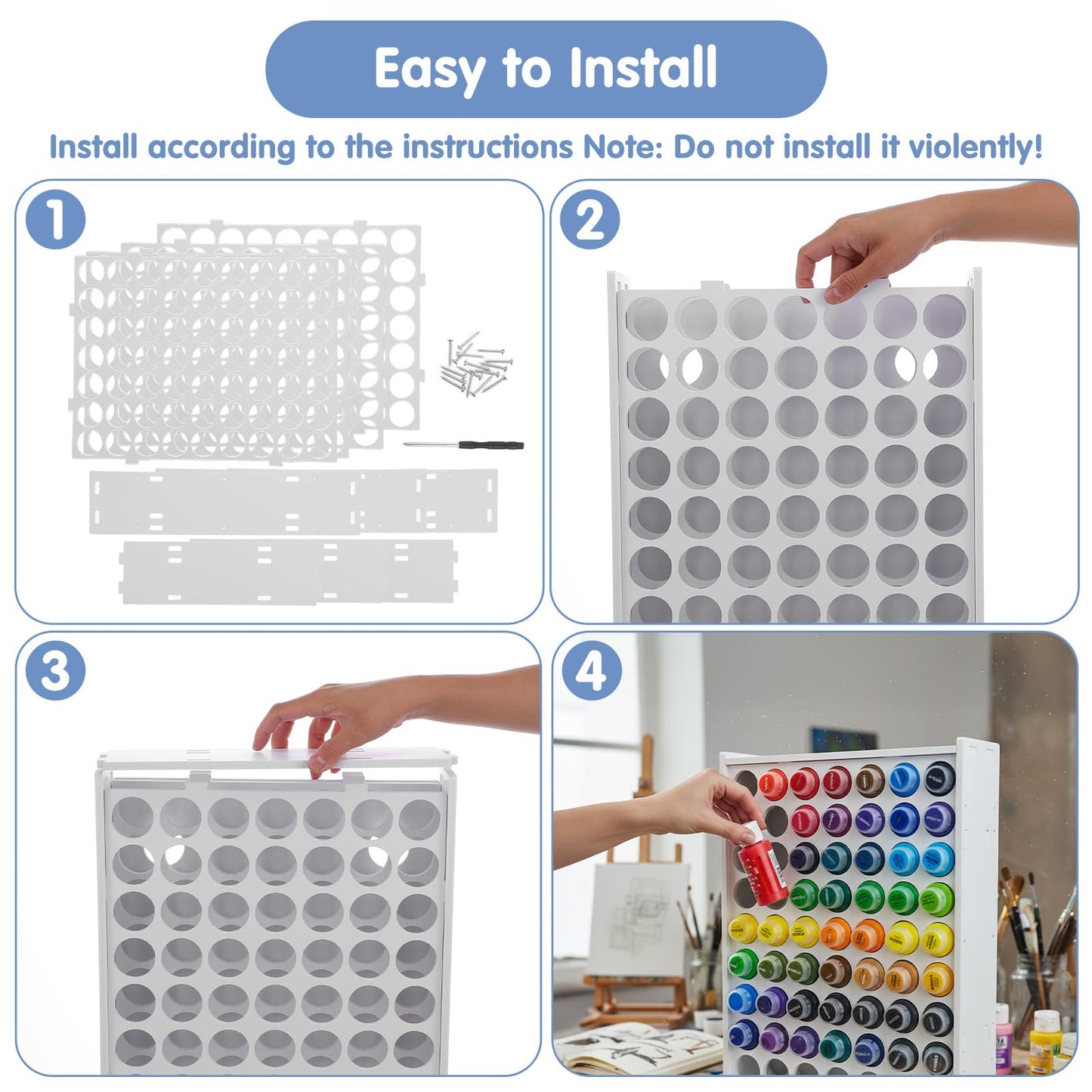 2 Pcs 63 Holes Paint Organizer, Wall-Mounted and Stackable Vertical Craft Paint Storage Holder for 2oz Craft Paints, White