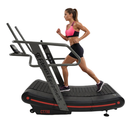 SB Fitness Equipment CT700 Self Generated Manual Curved Commercial Treadmill with 8 Resistance Levels for Sprinting and Sled Push with 19" Wide Track and Digital Display