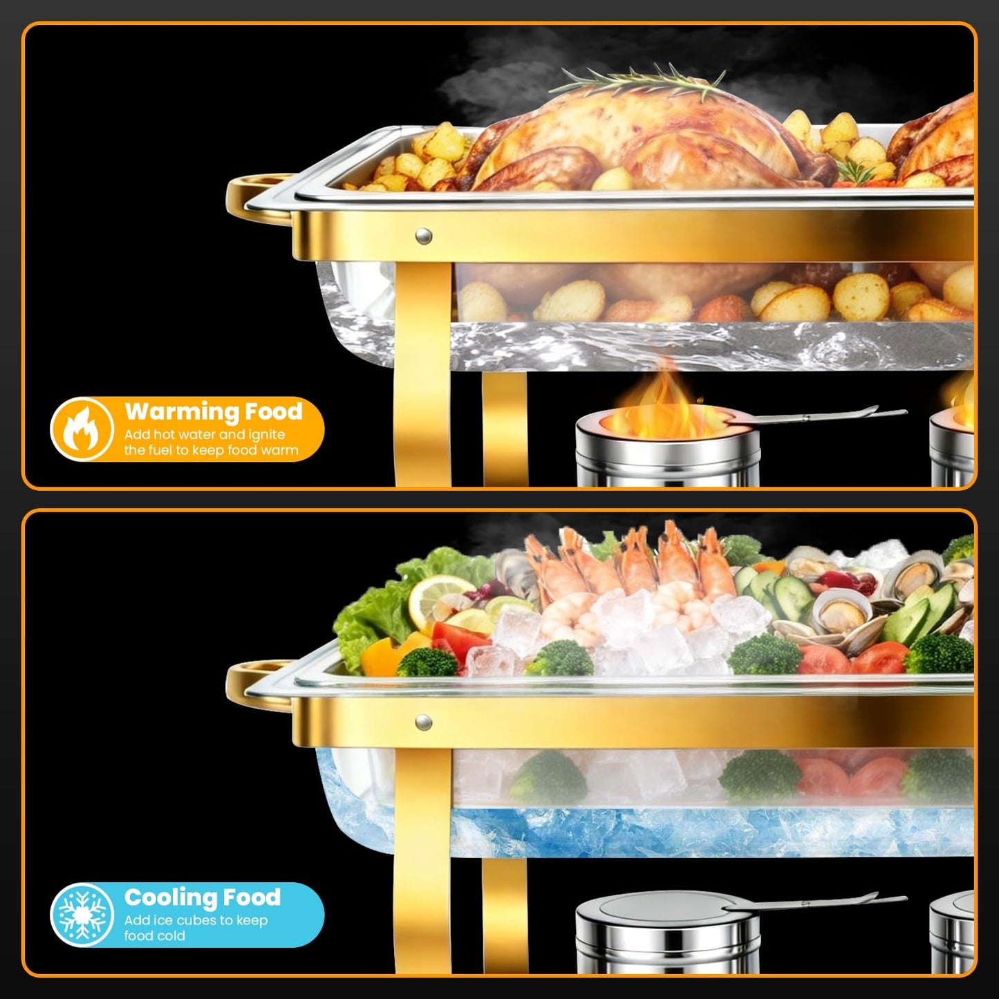POWERFUEL Chafing Dishes for Buffet, 4 Pack 9QT Large Full Size Gold Chafing Dish Set, Rectangular Chafing Pans with 4 Gold Tongs, Stainless Steel Food Warmer for Party, Catering, Wedding