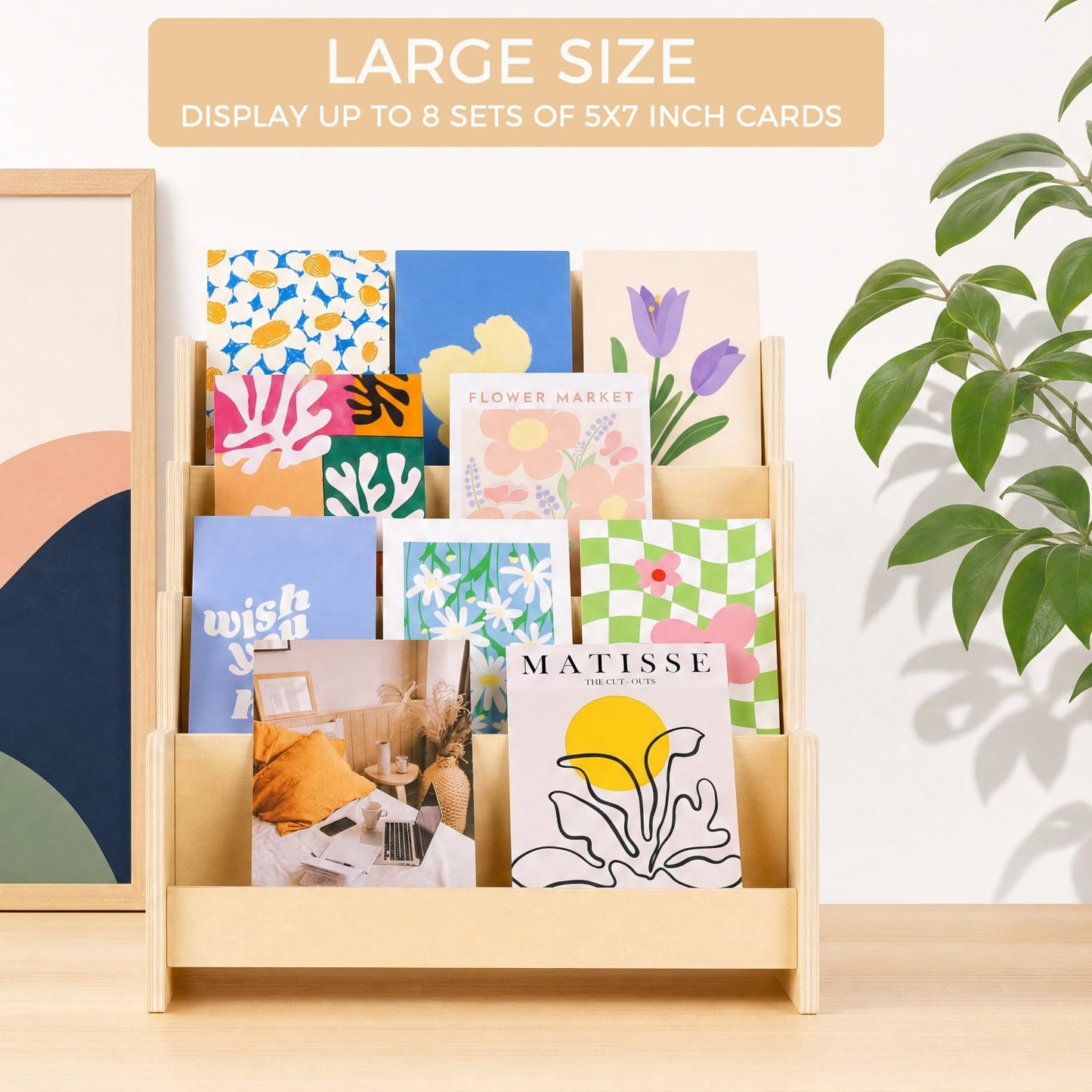 Exood Greeting Card Organizer Display Stand , 4-Tier Wooden Rack Holder for postcard Brochure Photos Sticker Retail