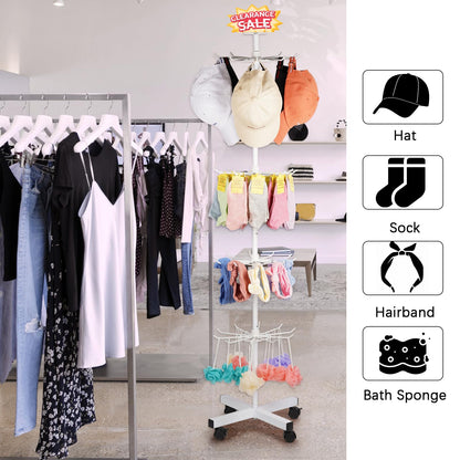 Exttlliy 5-Tier Metal Spinning Display Stand Rack with Wheels, Keychain Jewelry Stocking Hat Display Stand, White
