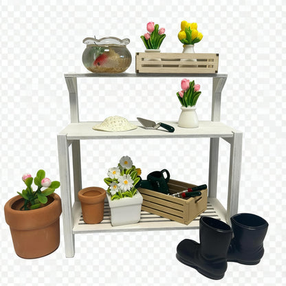 Miniature Dollhouse Garden Potting Bench Set, 1:12 Scale, with Tools, Flowers, Pots and Fish Bowl (Potting Bench)