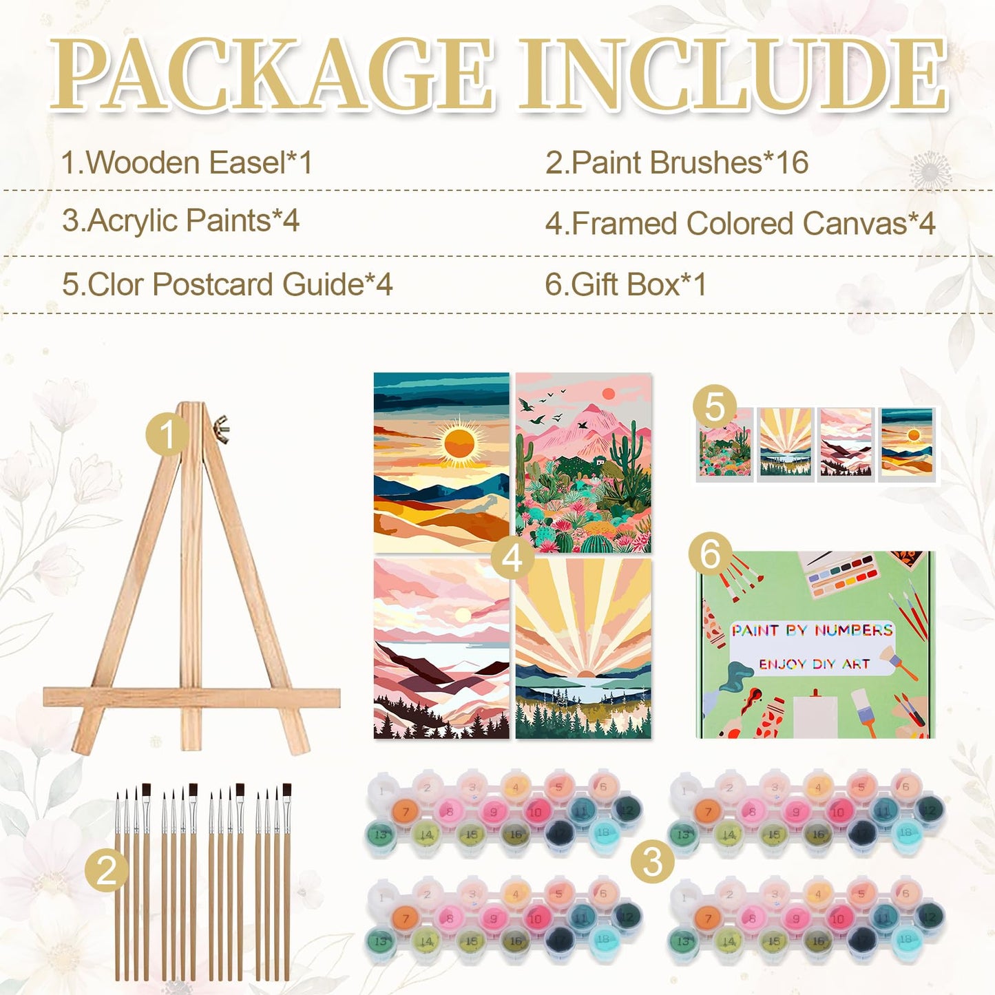 Ninonly Paint by Numbers Kit for Adults with Framed Canvas 4 Pack, Sunrise Paint by Number Arts Kits for Beginner with Wooden Easel, Acrylic Set, Brushes for Home Decor, 9 * 12 Inch