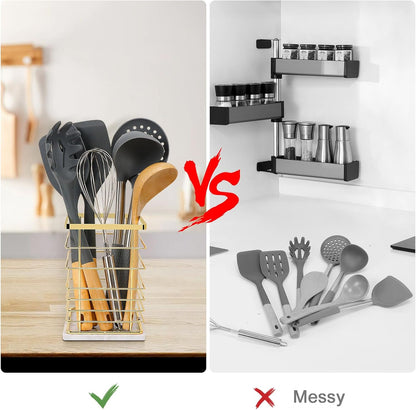 Square Kitchen Utensil Holder - Sturdy Metal Rack for Countertop Storage, Stylish Utensil Caddy with Drainage Hole