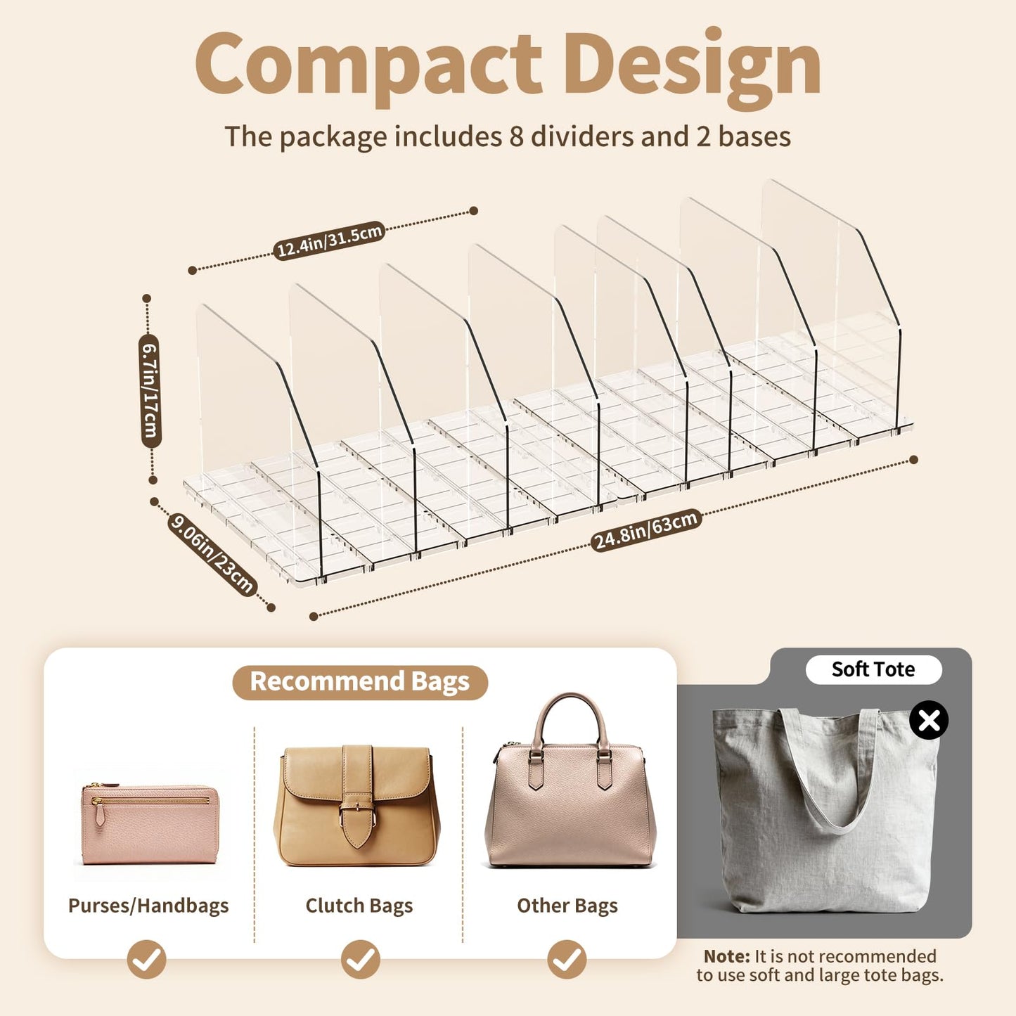 iStoreMaxy Purse Organizer for Closet, Shelf Divider Adjustable Clear Acrylic Handbag Storage, Bag Storage Separators, Keep Handbag & Books Neat and Upright in Bedroom, Office