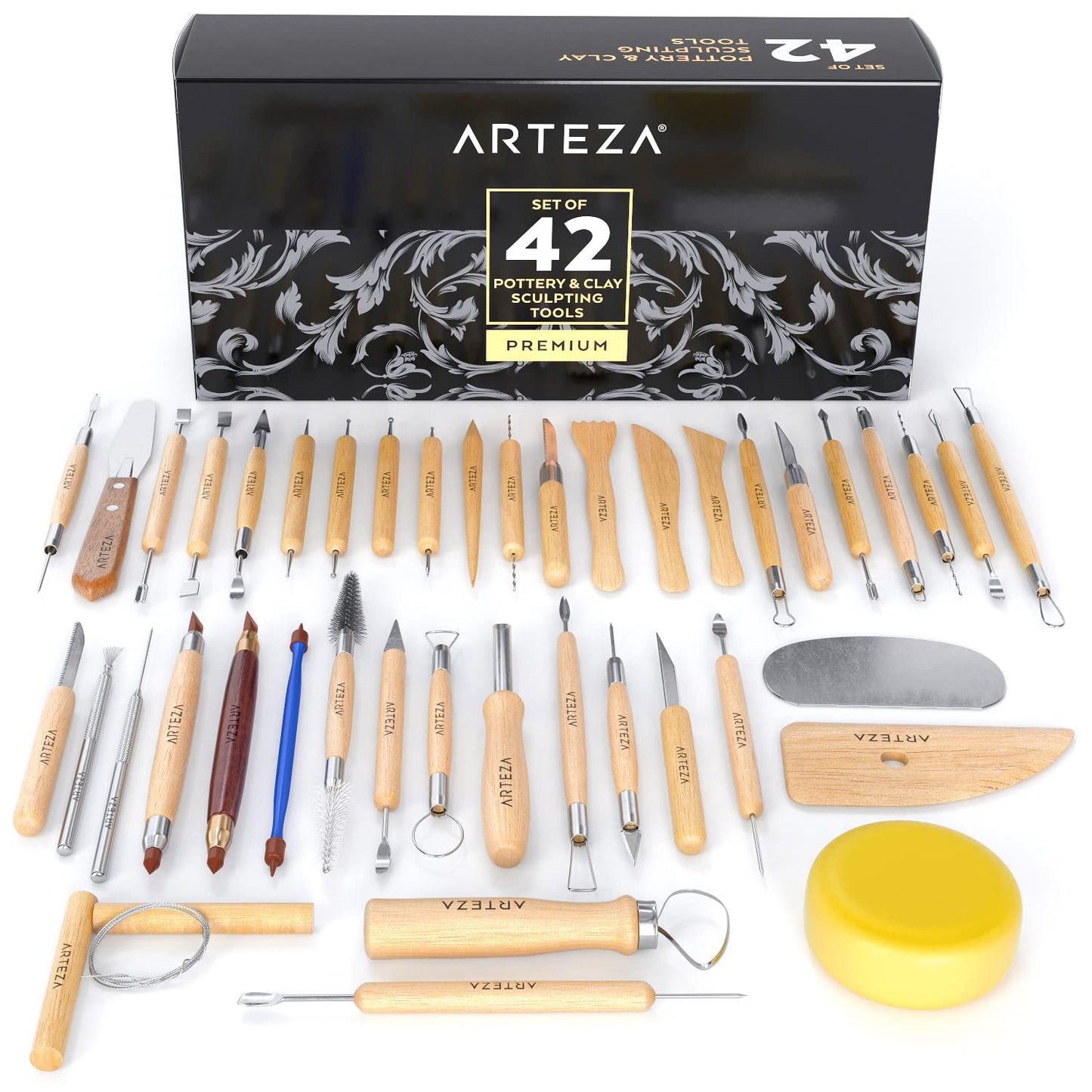 ARTEZA Pottery & Sculpting Tools, 42-Piece Clay Tools Set with Wooden Handles & Steel Tips for Polymer Clay, Ceramics, Carving, Modeling, Shaping & Smoothing
