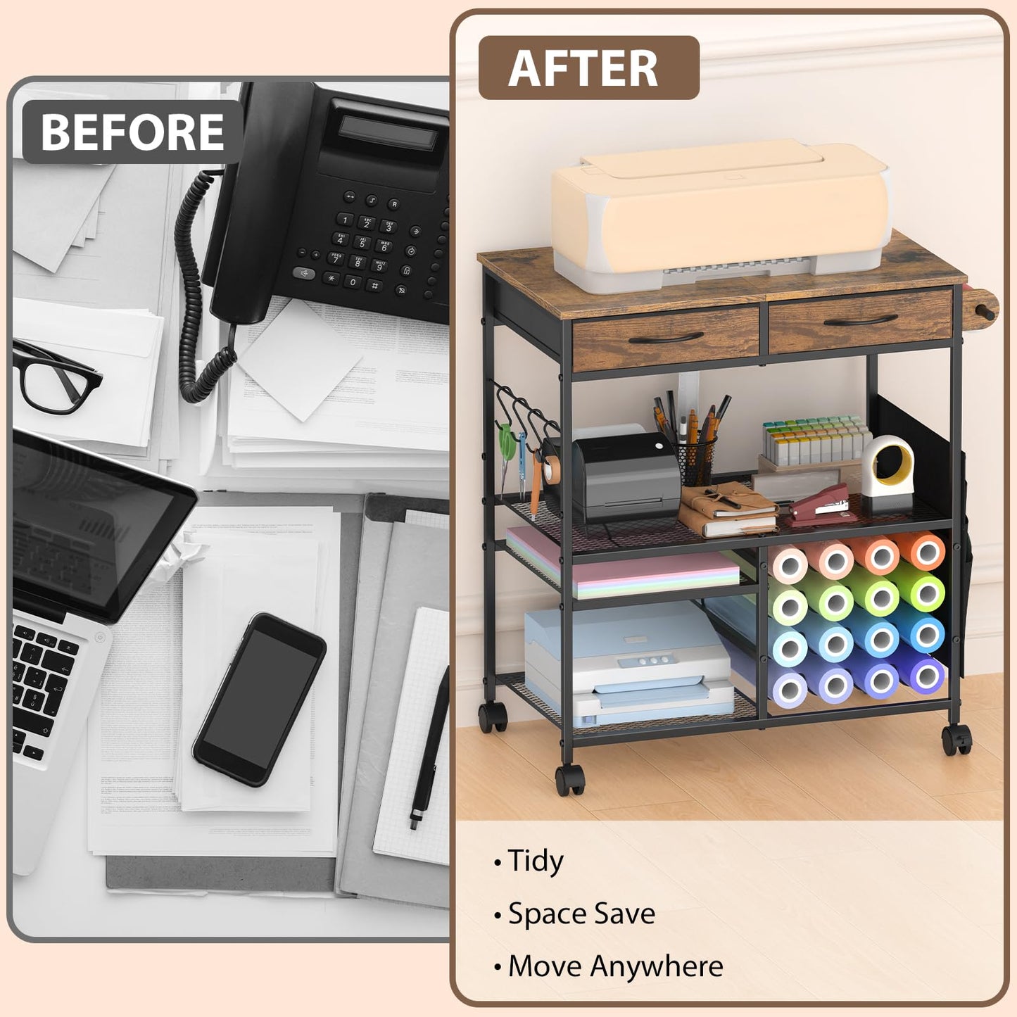 VEOSIR Craft Cart with Vinyl Roll Holder, Organizer & Storage Table for Cricut Machine with Drawer,Mobile Craft Organization and Storage Cart,Crafting Table Accessories Holder for Craft Room Brown