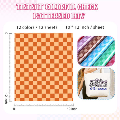 Tintnut Checkerboard Heat Transfer Vinyl, 12 Sheets 12"x10" Colorful Check Patterned Iron on Vinyl for DIY T-Shirts, Apparel & Craft Projects
