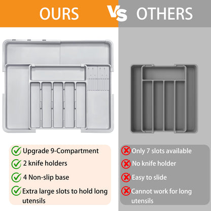 Homecor Silverware Organizer - Expandable Large Kitchen Drawer Organizer Utensil Organizer with 2 Removable Knife Blocks, 22"x 19"Cutlery Tray Drawer Dividers for Kitchen Flatware(6-9 Slots) (Black)