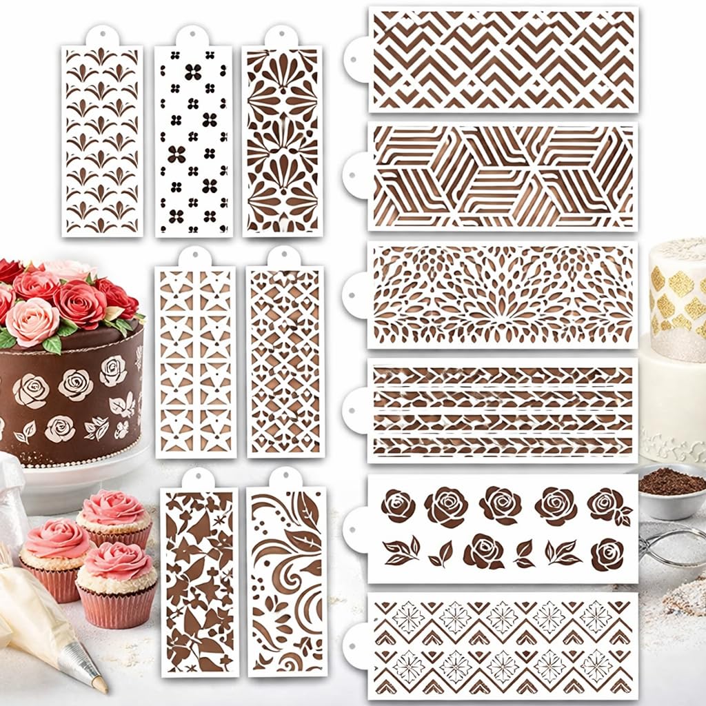 15 Pcs Cookie Stencils for Baking - Royal Icing & Buttercream Decorating Templates, Flower Roses & Folk Brick Designs for Cake Cookie Decoration