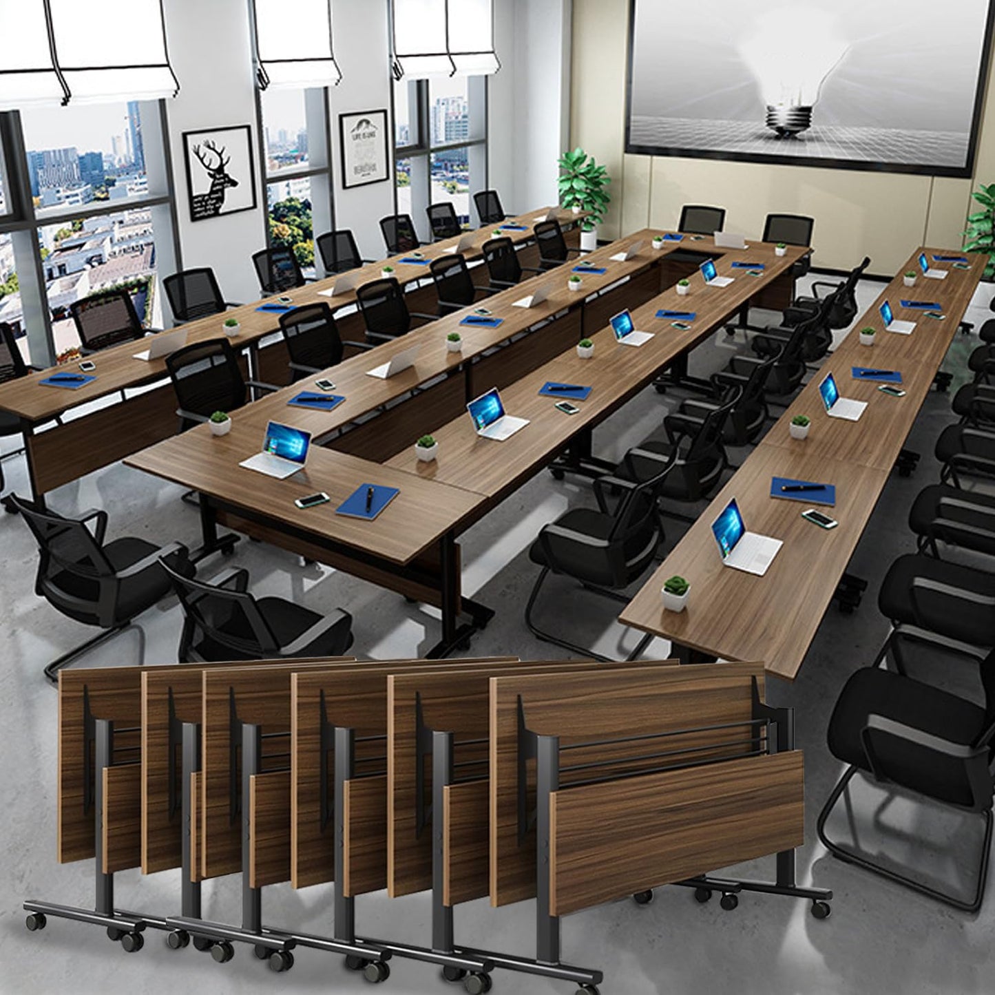 Folding Conference Tables,Flip Top Conference Room Tables,55.1 Inches Mobile Training Table with Silent Wheels,Modern Foldable Modular Boardroom Meeting Seminar Table for Office Classroom,8 Pack