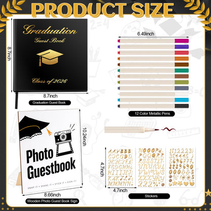 LawnIdyll 2026 Graduation Guest Book with Photo Sign Metallic Pens Stickers 144 Pages Class of 2026 Scrapbook Album Gift Memory Book for High School College Graduation Party Supplies (Black)