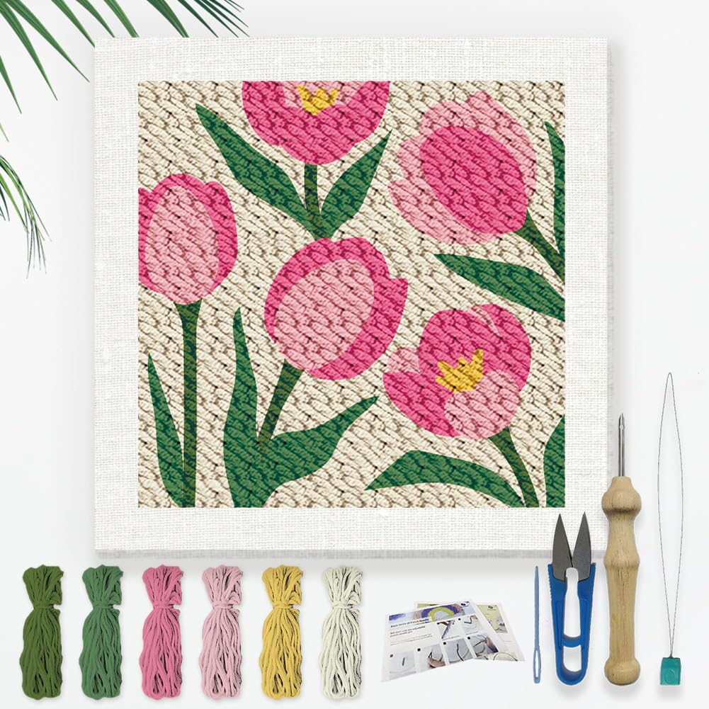 Doodlream Tulips DIY Punch Needle Embroidery Kit for Adult Beginner, 9.4" Flower Punch Stitching Craft Set for Starter with Frame, Fabric Pattern, Threader, Yarn, Pinch Needle
