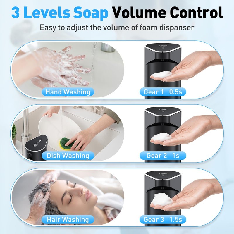 Fantictas Automatic Soap Dispenser,Touchless Hand Wall Mount Rechargeable 3 Gear Adjustable Electric Soap Dispenser 350ml with Infrared Motion Sensor for Bathroom,Kitchen,Office, Black Foam
