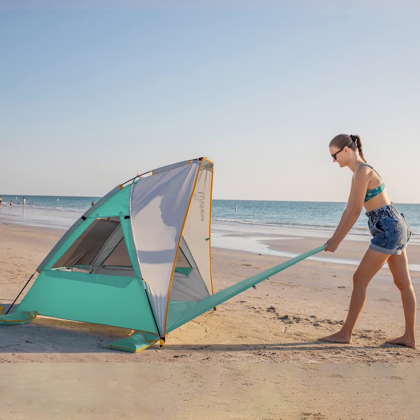 WolfWise 2-3 Person Portable Beach Tent UPF 50+ Sun Shade Canopy Umbrella with Extendable Floor, Mint Green