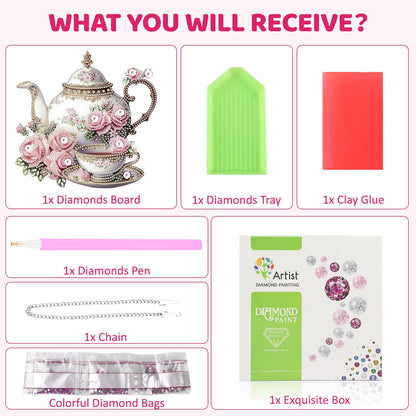 MEIYUDA Teapot Diamond Art Hanging Kits for Adult, Flowers Teapot Diamond Painting Hanging Kits Ornaments, DIY Special Shaped Rhinestone Window Pendants Kit for Home Garden Wall Decor Gift