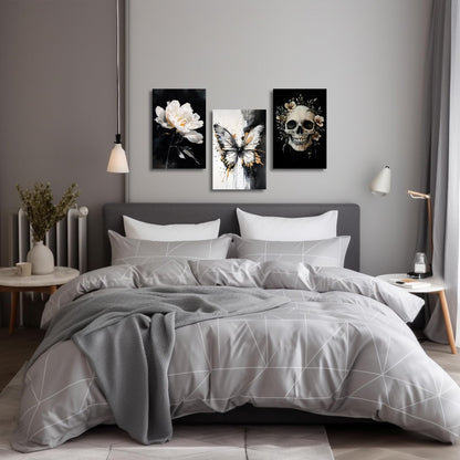 XLMDYYSW Skull Wall Art 3 Piece Black and White Gothic Pictures Skeleton and Flower Canvas Prints Abstract Butterfly Paintings for Bathroom Home Decor Framed (White, 12.00" x 16.00" x 3PCS)