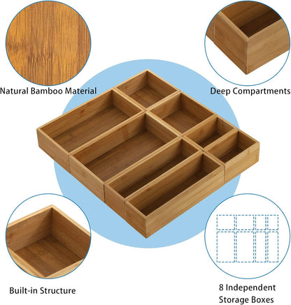 Lawei 8 Pieces Bamboo Drawer Organizer Boxes, Stackable Storage Tray for Kitchen, Bathroom, Office Desk